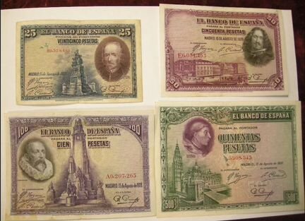 Банкноты Испании 1928 года. 25,50,100 и 500 песет
