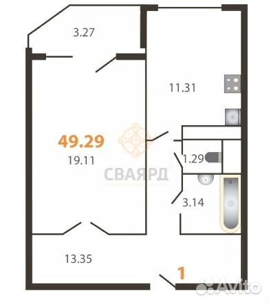 1-к квартира, 49.3 м², 8/9 эт.