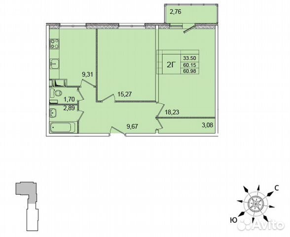 2-к квартира, 60.2 м², 6/12 эт.