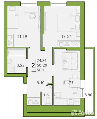 2-к квартира, 56.2 м², 19/19 эт.