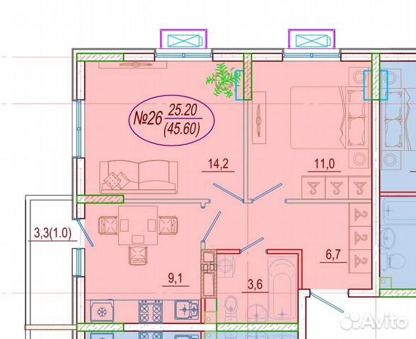2-к квартира, 45.6 м², 4/9 эт.
