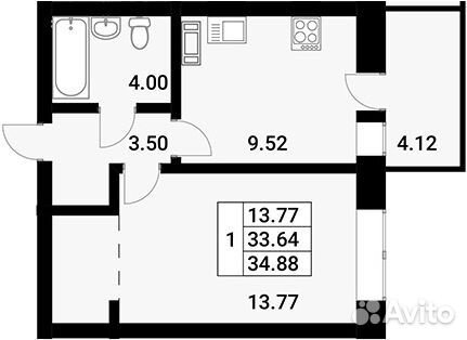 1-к квартира, 34.9 м², 3/12 эт.