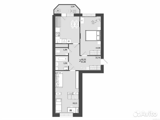 2-к квартира, 61.7 м², 9/9 эт.