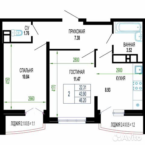 2-к квартира, 46.2 м², 17/24 эт.