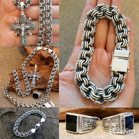Серебро 925. Мужские цепи браслеты кресты печатки