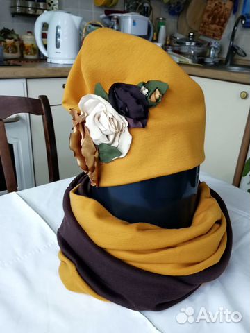 Комплент шапка+снуд(горчичный с бордо) шерсть,цвет
