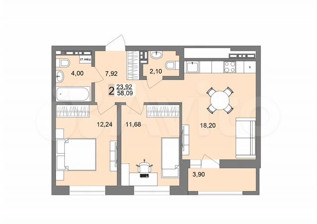 2-к. квартира, 58,1 м², 18/26 эт.