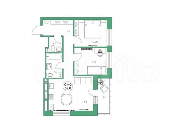 2-к. квартира, 59,5 м², 13/16 эт.