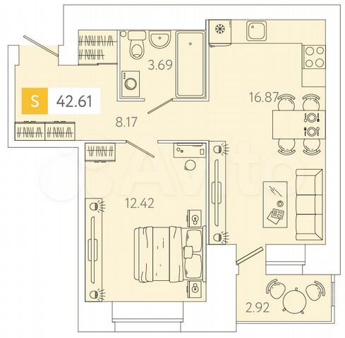 1-к. квартира, 42,7 м², 9/9 эт.