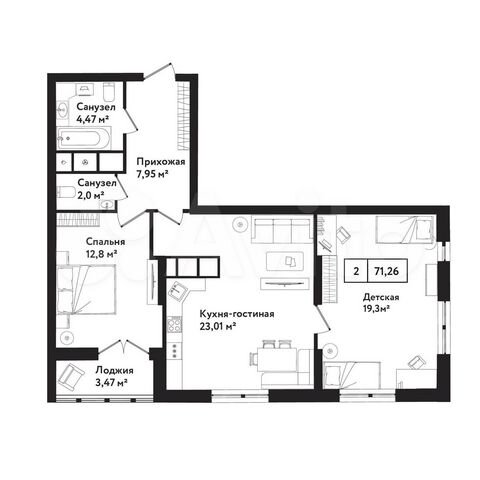 2-к. квартира, 71,3 м², 6/25 эт.