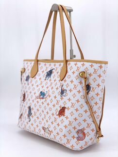 Женская белая сумка Louis Vuitton Neverfull коты