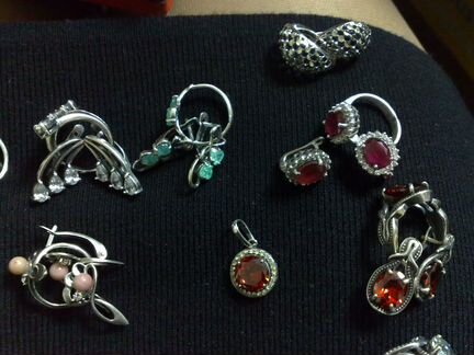 Серебряный комплект горный хрусталь, серьги кольцо