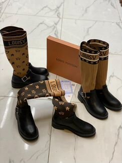 Сапоги носок стрейч кожа черные луи виттон коричне
