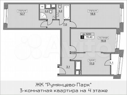 3-к квартира, 76.4 м², 4/22 эт.