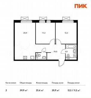 2-к квартира, 59.9 м², 21/22 эт.