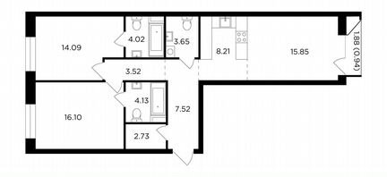 3-к квартира, 80.8 м², 7/16 эт.